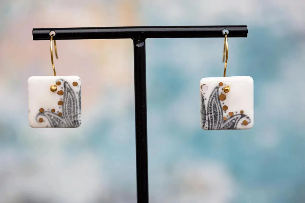 White Porcelain Paisley Earrings, Handmade Silver Jewellery