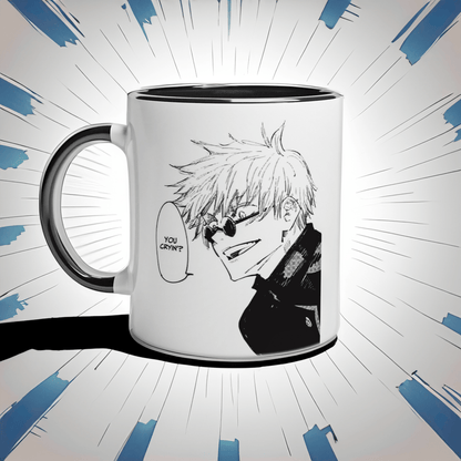 A black and white ceramic mug depicts a manga panel of Satoru Gojo from Jujutsu Kaisen with the text "You Cryin'?
