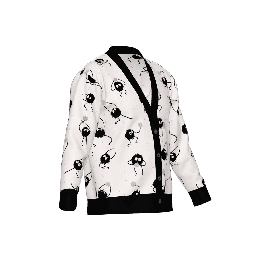 Spirited Away cardigan with Soot Sprites knitted pattern and black trim on a white background