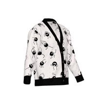 Spirited Away cardigan with Soot Sprites knitted pattern and black trim on a white background