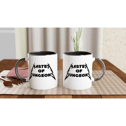 Two white mugs display "Master of Dungeons" in a Metallica-inspired font, featuring black handles and interiors.