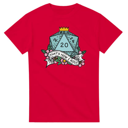 A red t-shirt displays a D20 die with floral accents and a banner reading "That's How I Roll," referencing the D&D game.