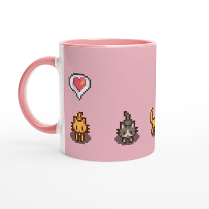 A pink mug features pixelated graphics of Ginger and Tabby cats and a heart emote from Stardew Valley.