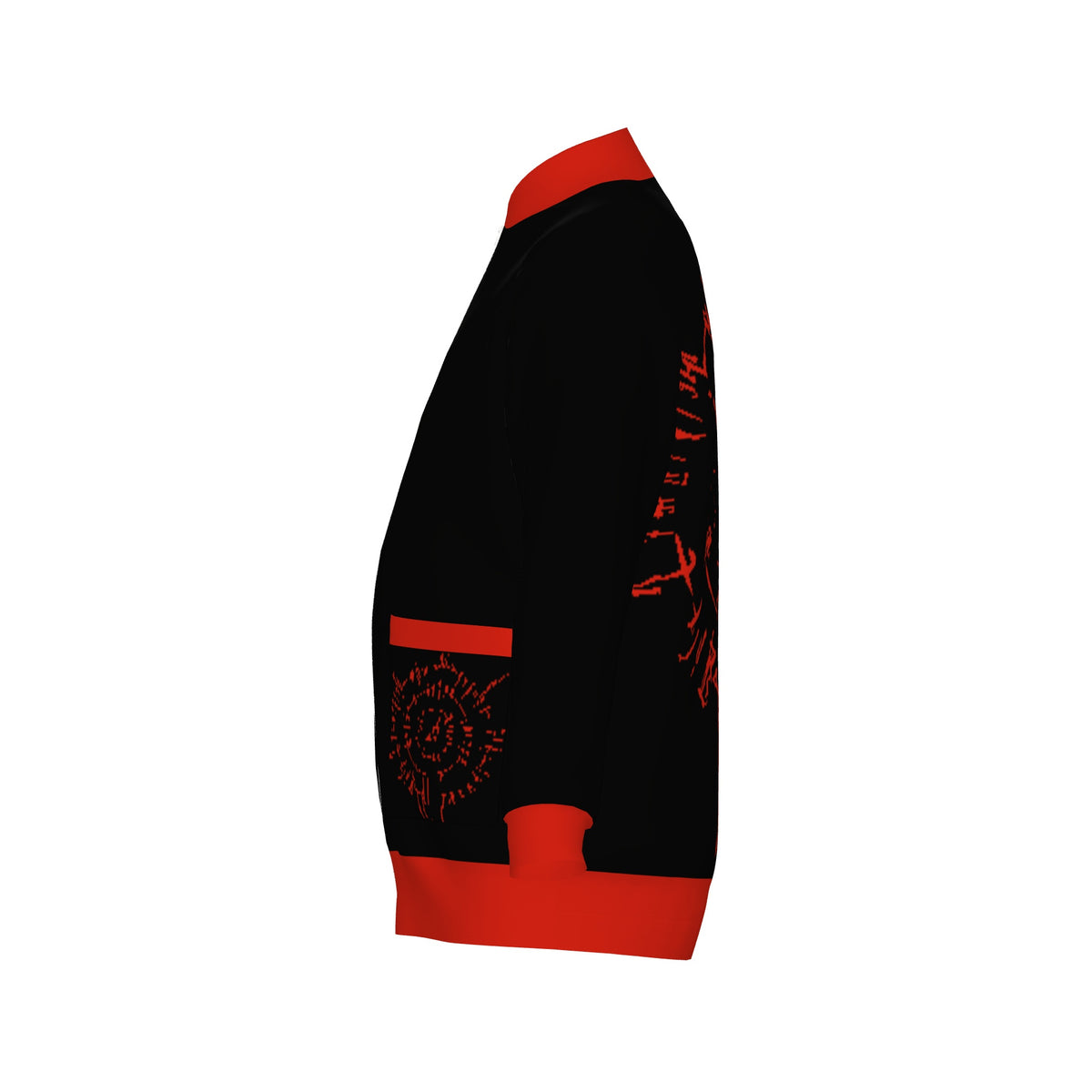 Side view of the BG3 Astarion inspired infernal runes knitted bomber jacket in black with red cuffs and pocket trim