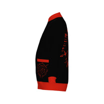 Side view of the BG3 Astarion inspired infernal runes knitted bomber jacket in black with red cuffs and pocket trim