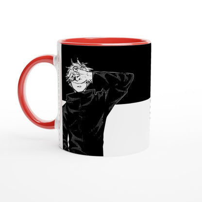 A white ceramic mug depicts a black and white illustration of Satoru Gojo from Jujutsu Kaisen, set against a yin/yang design.