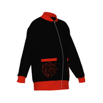 Three-quarter view of the BG3 Astarion inspired infernal runes knitted bomber jacket in black with red trim and rune pockets