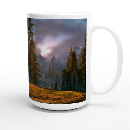 A white ceramic mug displays a landscape scene from the video game Skyrim featuring mountains, trees, and a cloudy sky.