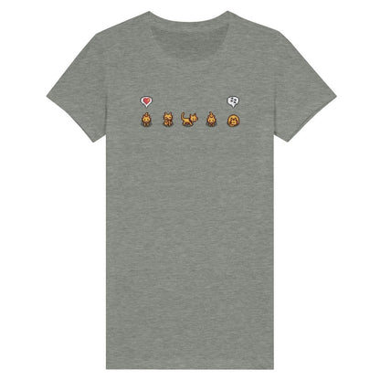 A gray Stardew Valley T-Shirt displays a row of pixelated ginger cats expressing various emotes.