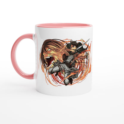 A white ceramic mug featuring an illustration of Eren Yeager from Attack on Titan wielding a sword against a titan background.