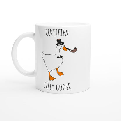 Mug with a cartoon goose wearing a top hat and smoking a pipe, and text 'Certified Silly Goose' on a white background.