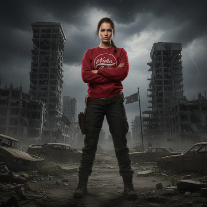 Person wearing a red sweatshirt with 'Nuka-Cola' logo in a post-apocalyptic setting