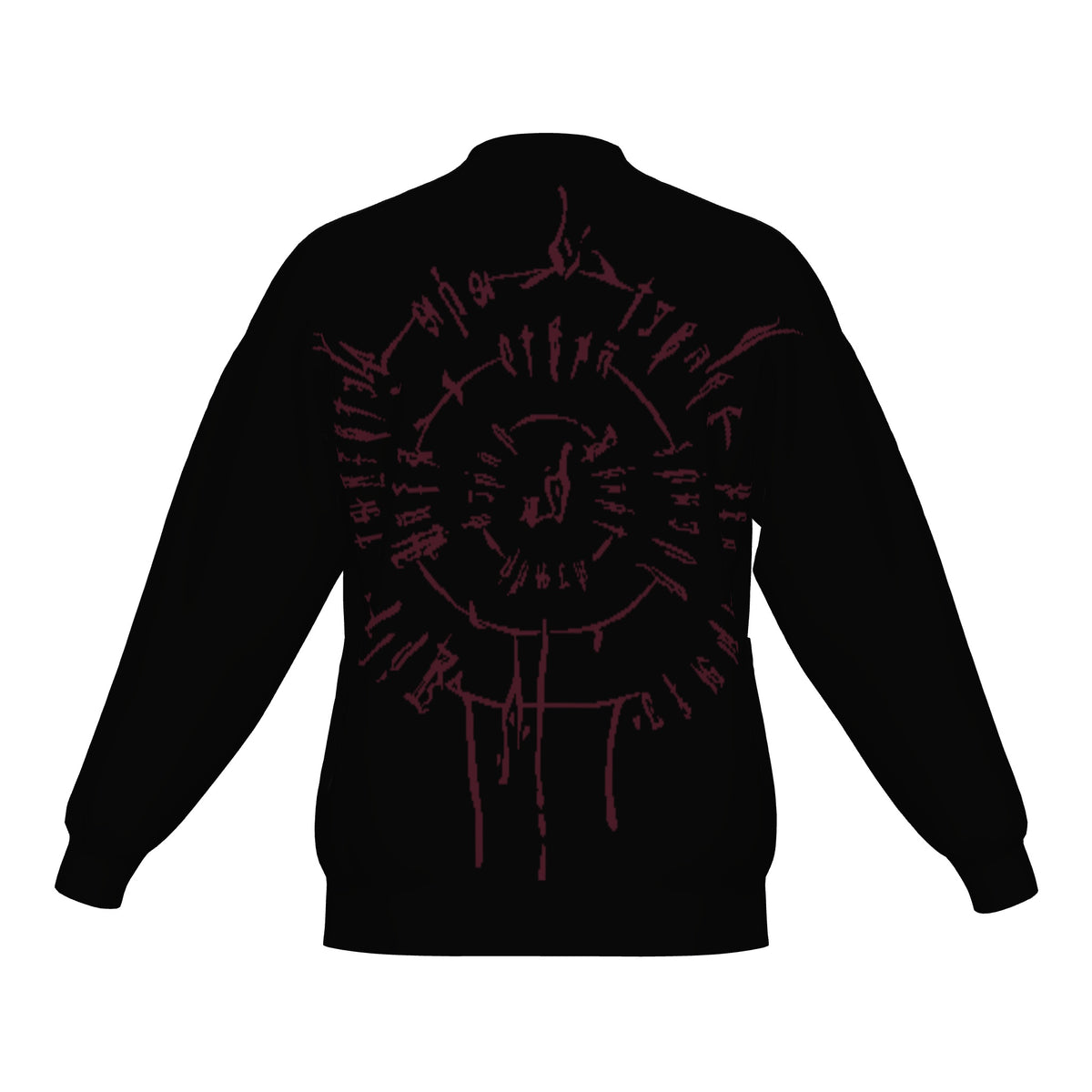 Back of the BG3 Astarion inspired infernal runes knitted bomber jacket in black with burgundy infernal runes