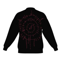 Back of the BG3 Astarion inspired infernal runes knitted bomber jacket in black with burgundy infernal runes