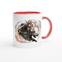 A white ceramic mug featuring an illustration of Eren Yeager from the anime Attack on Titan wielding a sword amidst swirling orange and brown energy.