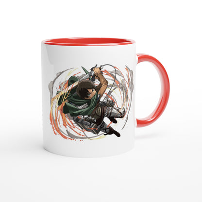 A white ceramic mug featuring an illustration of Eren Yeager from the anime Attack on Titan wielding a sword amidst swirling orange and brown energy.