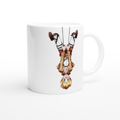 An 11oz ceramic mug displays an anime illustration of Armin Arlert from Attack on Titan in a cute abseiling pose, referencing the Wings of Freedom.