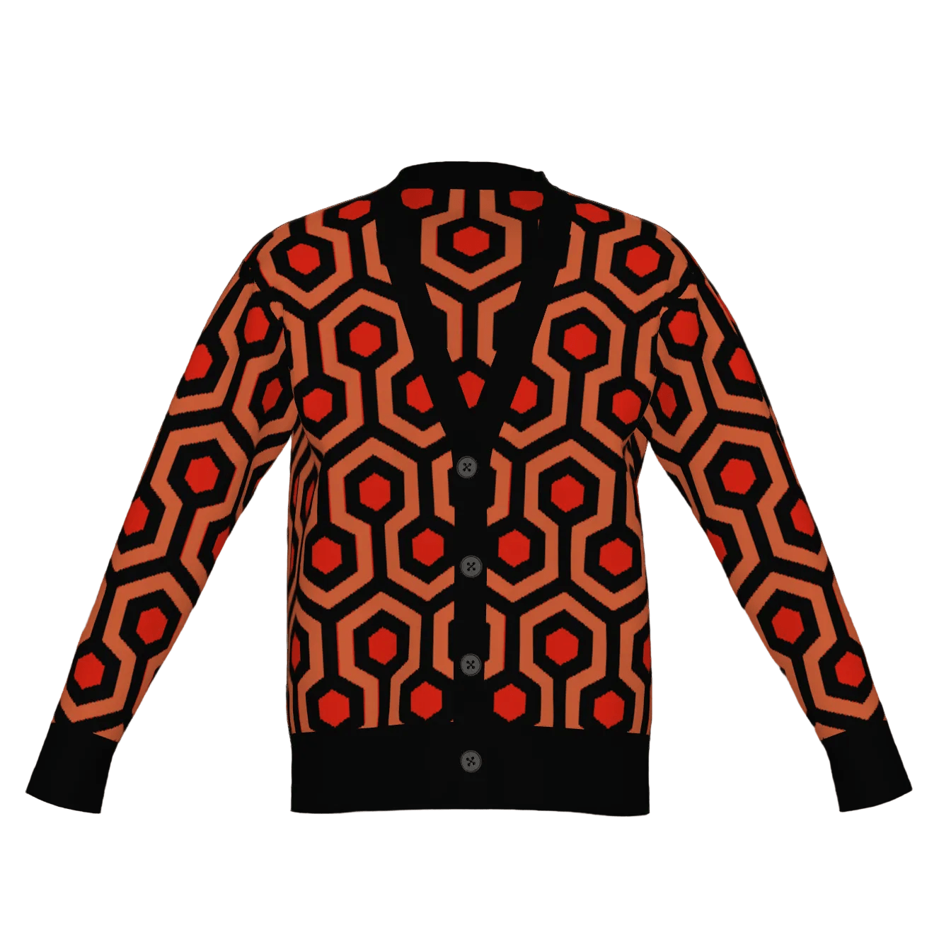 Overlook Hotel carpet pattern, orange red and black knitted cardigan on white background