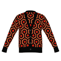 Overlook Hotel carpet pattern, orange red and black knitted cardigan on white background