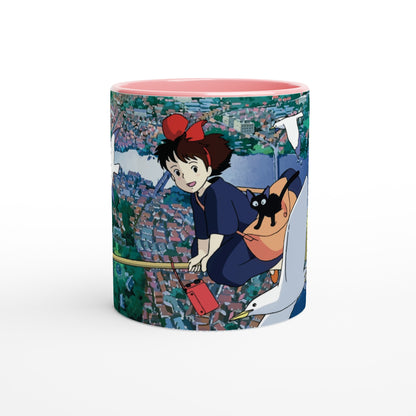 The Kiki's Delivery Service mug depicts Kiki riding Gigi over Koriko, inspired by Studio Ghibli.