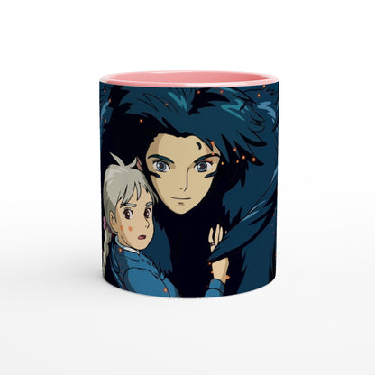 The mug features a Studio Ghibli-inspired design depicting Howl and Sophie from Howl's Moving Castle in a dark blue style.