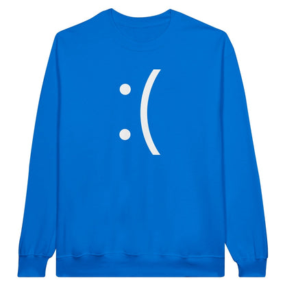 A blue sweatshirt features a white graphic resembling a sad face inspired by the classic Windows Blue Screen of Death error.