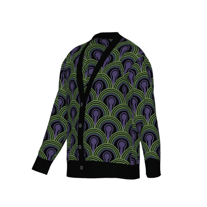 Room 237 Wallpaper pattern cardigan from The Overlook Hotel In Stephen King's The Shining. Green, purple and black knitwear on a white background.