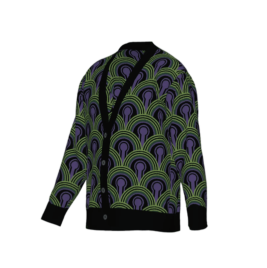 Room 237 Wallpaper pattern cardigan from The Overlook Hotel In Stephen King's The Shining. Green, purple and black knitwear on a white background.