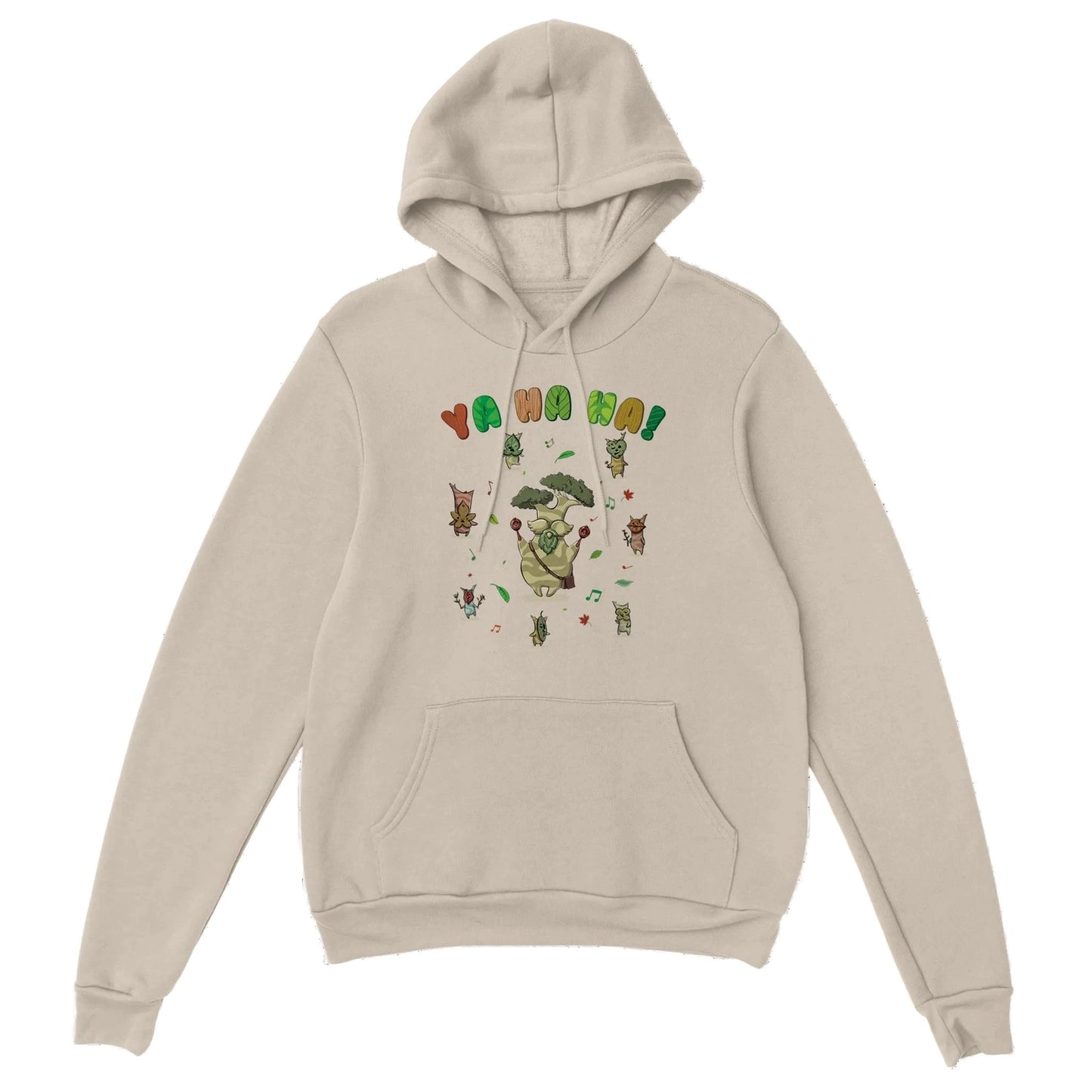 Beige Zelda hoodie with colourful Hestu and Koroks graphic design on a white background