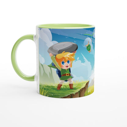 This 11oz mug depicts a chibi Link from Zelda struggling to lift a large rock while a Korok flies nearby.