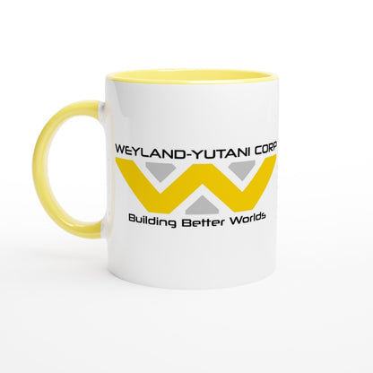 A white mug features the Weyland-Yutani Corporation logo and slogan "Building Better Worlds" in yellow lettering.