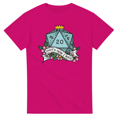 A pink t-shirt displays a Dungeons & Dragons D20 die with floral accents and a banner reading "That's How I Roll.