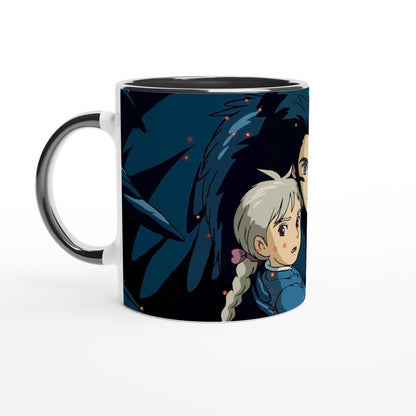 This white mug features a Studio Ghibli-inspired design depicting Howl and Sophie from "Howl's Moving Castle" against a dark blue background.
