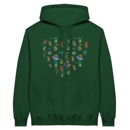 A green hoodie displays a pattern of Korok characters from The Legend of Zelda: Tears of the Kingdom and Breath of the Wild arranged in the shape of a heart.