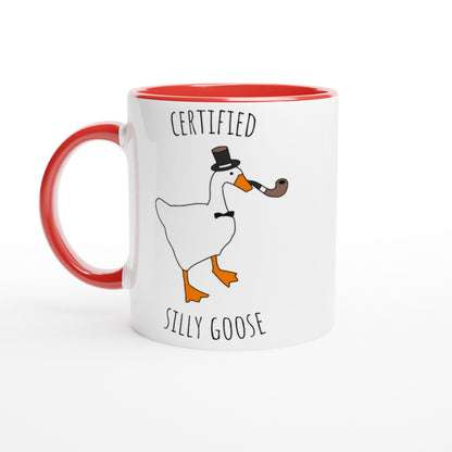 Mug with a goose illustration and text on a white background