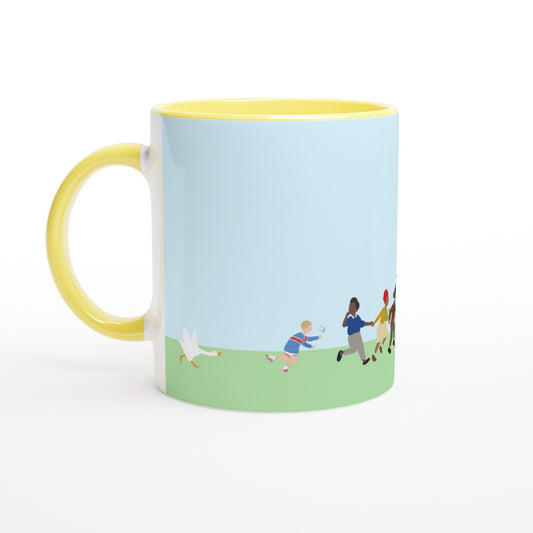 Mug with a cartoon design of Untitled Goose chasing townsfolk outdoors