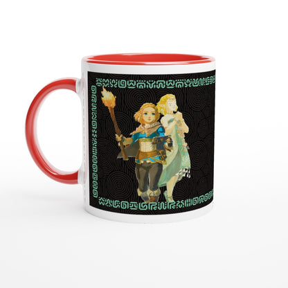 A ceramic mug displays Link from The Legend of Zelda: Tears of the Kingdom alongside a character with Sheikah patterning on a black background.