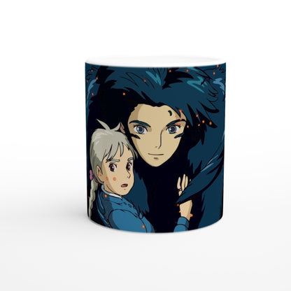 The mug displays a Studio Ghibli-inspired design featuring dark Howl and Sophie from Howl's Moving Castle standing close together.