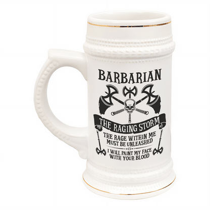 A white ceramic tankard features gold accents and displays "Barbarian" along with crossed axes and a skull referencing D&D character classes.