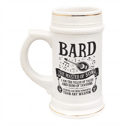A white ceramic tankard features gold accents and displays "BARD" along with musical notes and text referencing a D&D character class.