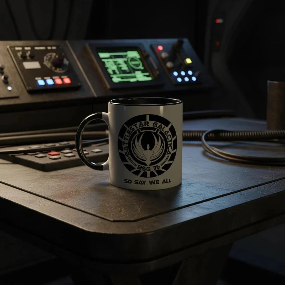 Battlestar Galactica BSG 75 logo mug on an low tech spaceship table