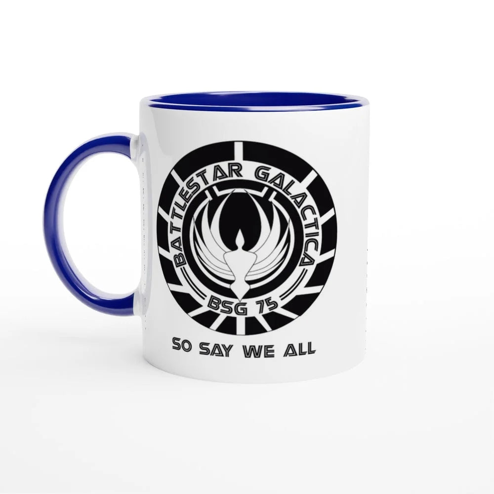 A white mug features a circular graphic displaying the Battlestar Galactica logo and the words "BSG 75" and "So Say We All.
