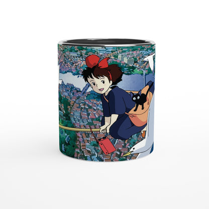 Kiki from Kiki's Delivery Service flies over Koriko on her broomstick with Gigi and a seagull, inspired by Studio Ghibli.