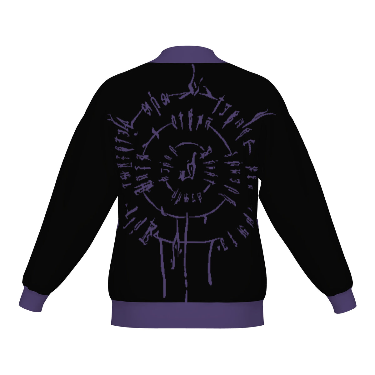 Back of the BG3 Astarion inspired infernal runes knitted bomber jacket in black with purple trim and purple runes