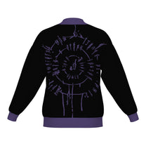 Back of the BG3 Astarion inspired infernal runes knitted bomber jacket in black with purple trim and purple runes
