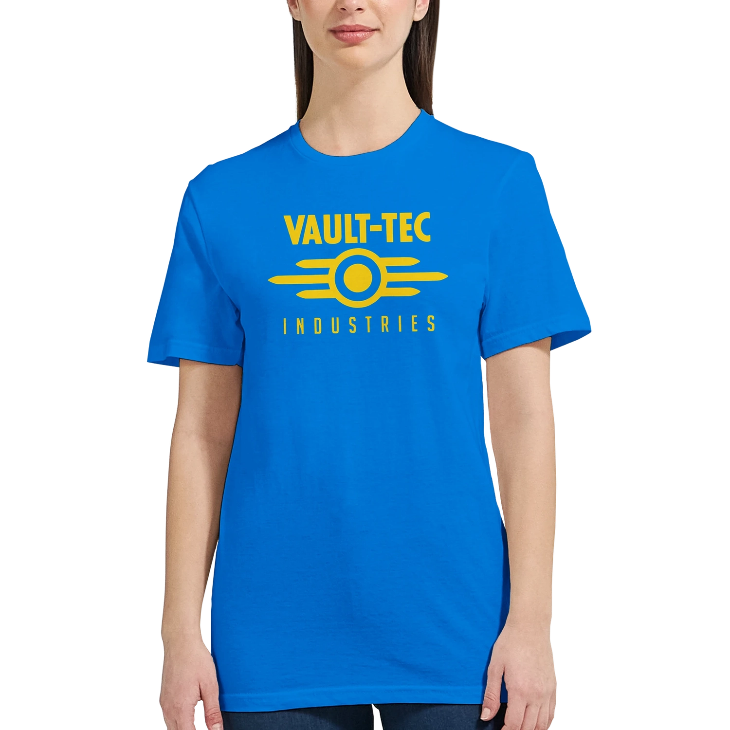 Person wearing a blue t-shirt with 'Vault-Tec Industries' logo on a white background
