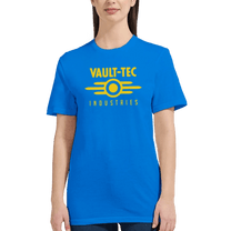 Person wearing a blue t-shirt with 'Vault-Tec Industries' logo on a white background