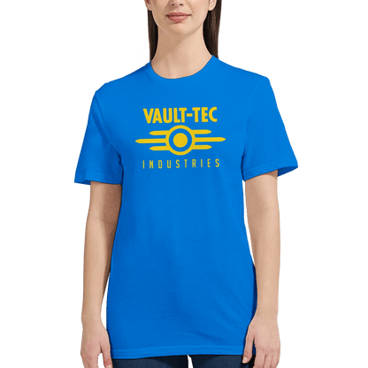 Person wearing a blue t-shirt with 'Vault-Tec Industries' logo on a white background