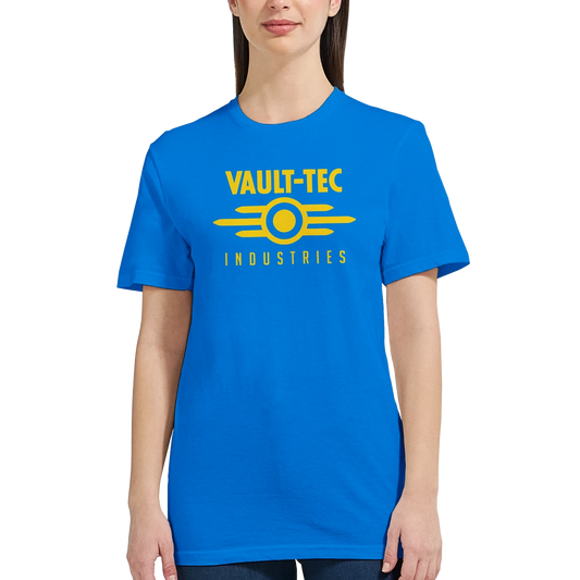 Person wearing a blue t-shirt with 'Vault-Tec Industries' logo on a white background