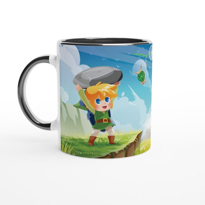 A white mug depicts a chibi Link from The Legend of Zelda lifting a rock while a Korok hides nearby in a grassy landscape.